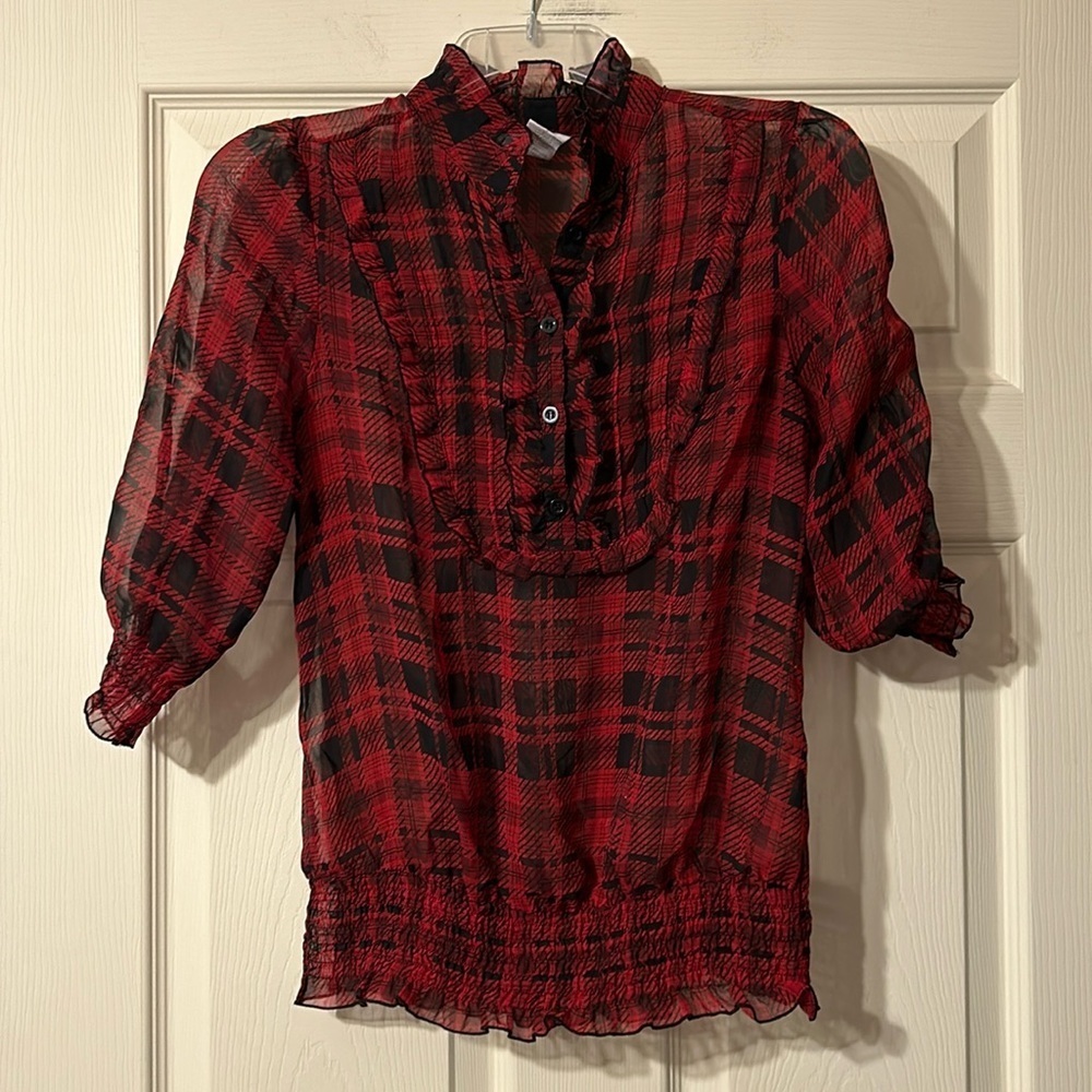Charlotte Russe Red & Black Plaid Ruffle Blouse Small